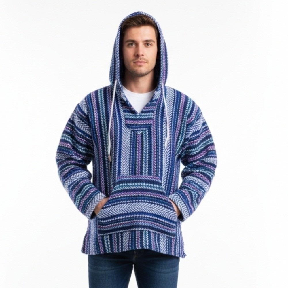 Baja Joe Hoodie Mens XL Blue Striped Mexican Poncho Surf Hippie Woven Bohemian